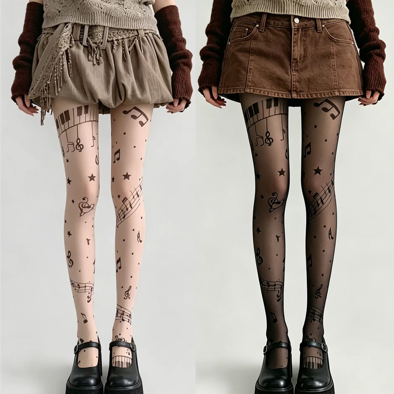 Tights Pantyhose Sheer - Pantimedias Transparentes con Estampado de Notas